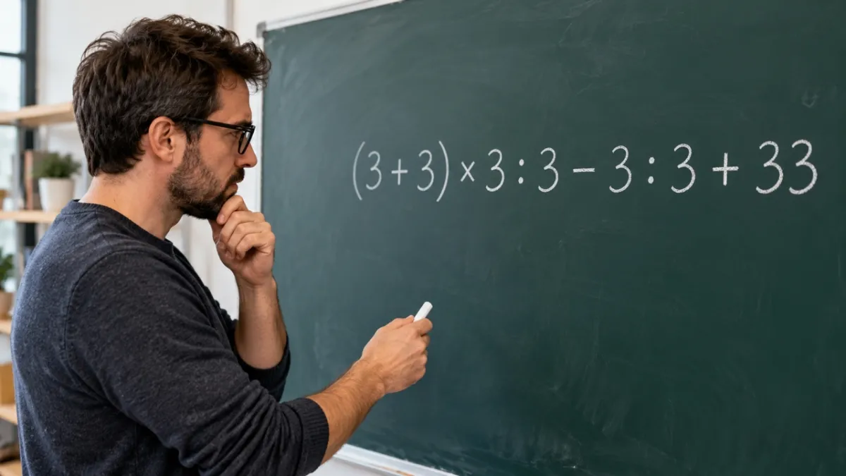 Решите математический пример и узнайте, сколько будет (3 + 3) × 3 : 3 − 3 : 3 + 33