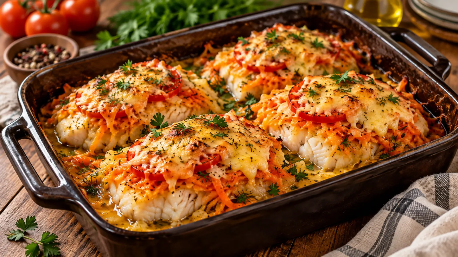Рыба под овощной шубкой: сочная внутри, румяная снаружи — вкусный ужин для всей семьи за 40 минут