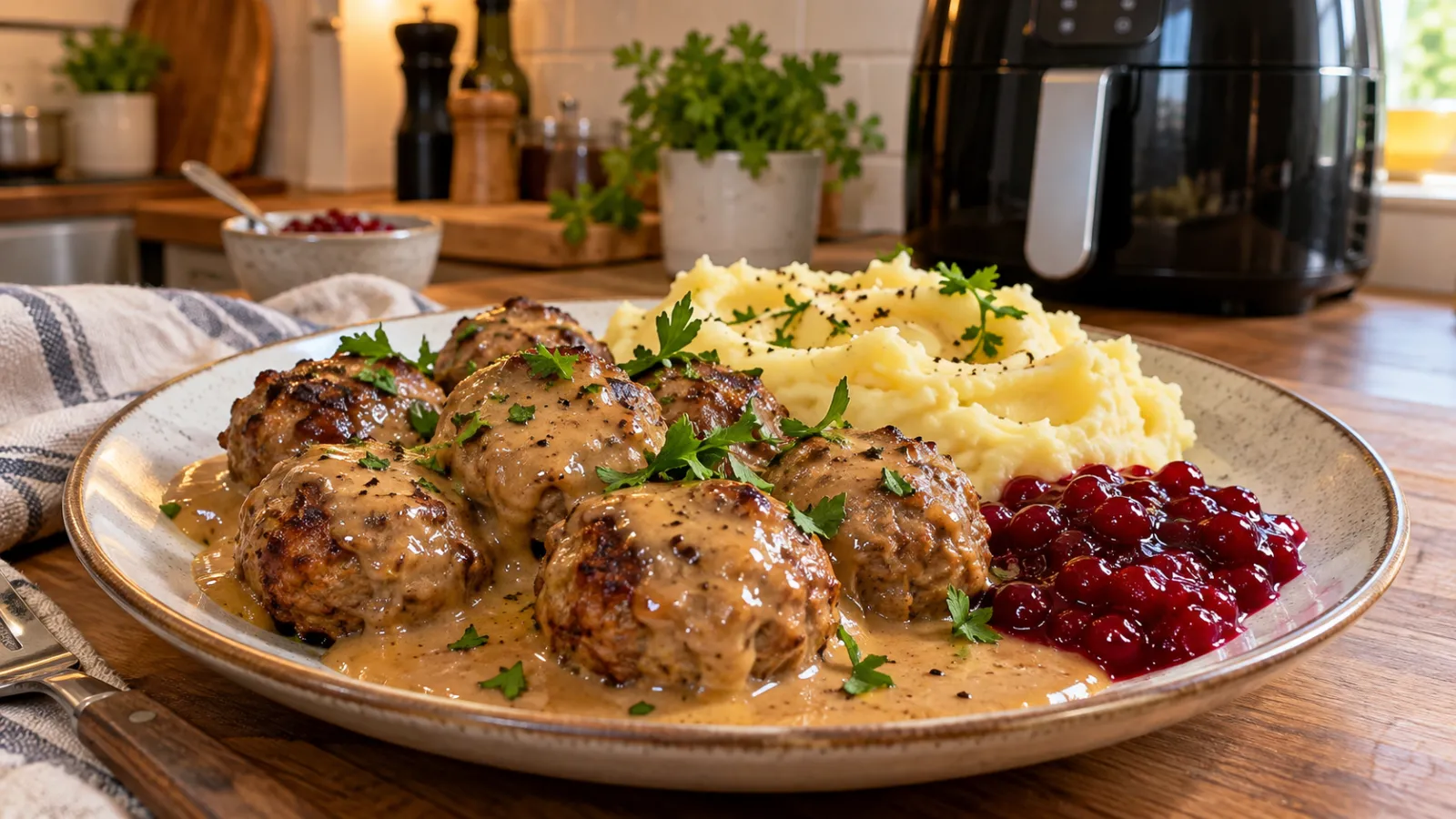 Формирую шарики из фарша и отправляю в аэрогриль: митболы как из IKEA с пюре и брусникой