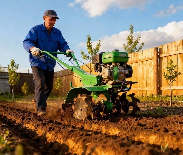 Мужчина пашет землю мотоблоком