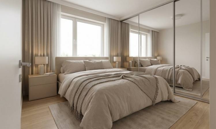 мастер-спальня в трехкомнатной К-7: двуспальная кровать у окна, по всей стене система шкафов-купе